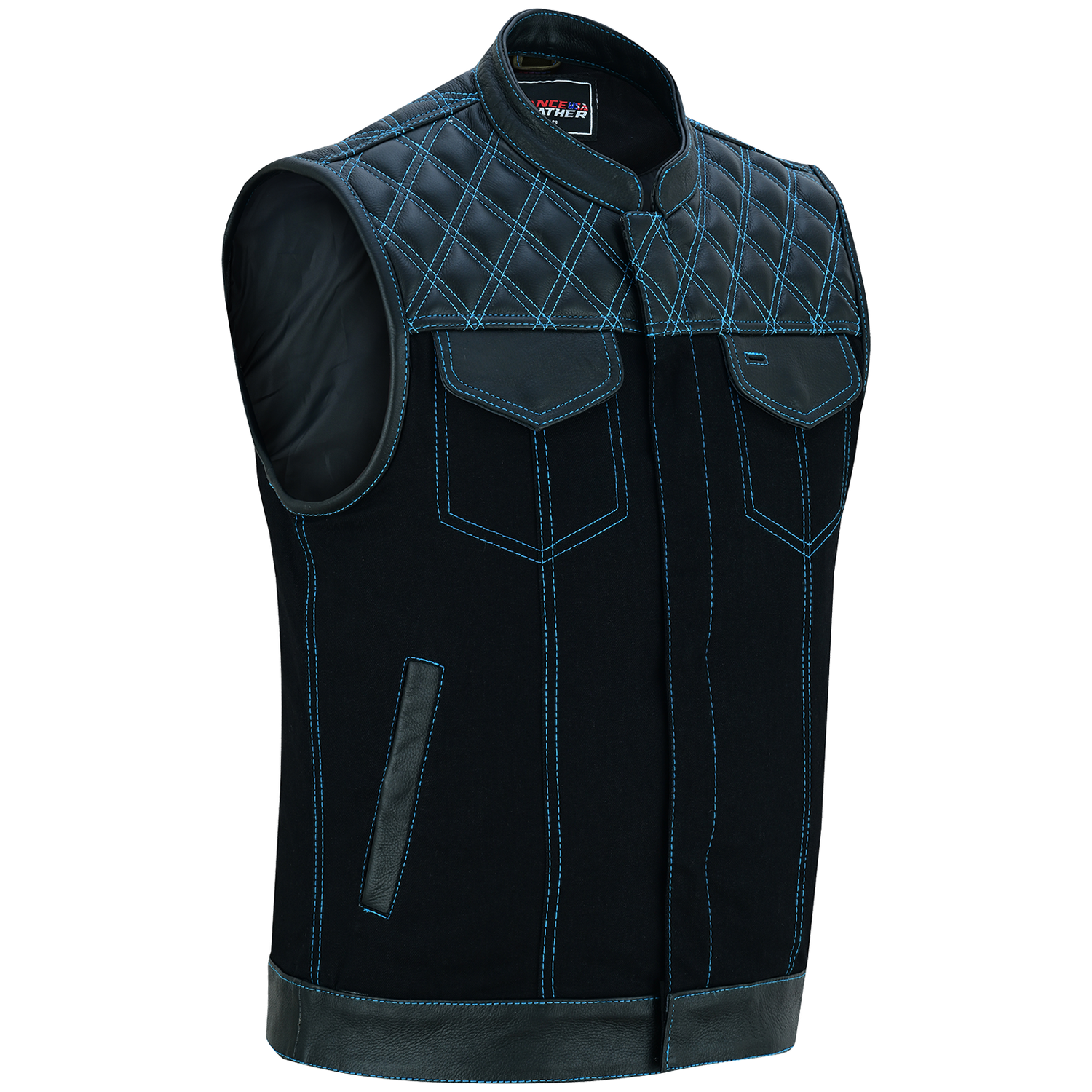 VB924BL Men's Denim & Leather Motorcycle Vest with Conceal Carry Pockets, SOA Biker Club Vest Blue Stitching, Diamond Padding, Snap & Zipper Closure