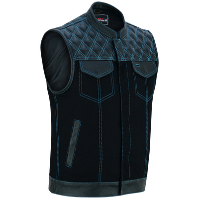 VB924BL Men's Denim & Leather Motorcycle Vest with Conceal Carry Pockets, SOA Biker Club Vest Blue Stitching, Diamond Padding, Snap & Zipper Closure VB924BL Men's Denim & Leather Motorcycle Vest with Conceal Carry Pockets, SOA Biker Club Vest Blue Stitching, Diamond Padding, Snap & Zipper Closure