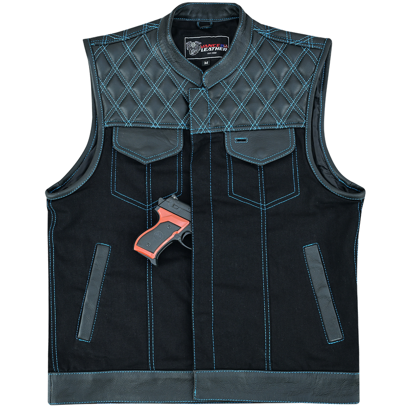 VB924BL Men's Denim & Leather Motorcycle Vest with Conceal Carry Pockets, SOA Biker Club Vest Blue Stitching, Diamond Padding, Snap & Zipper Closure