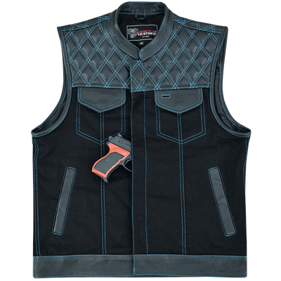 VB924BL Men's Denim & Leather Motorcycle Vest with Conceal Carry Pockets, SOA Biker Club Vest Blue Stitching, Diamond Padding, Snap & Zipper Closure