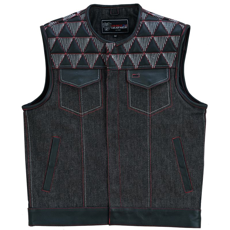 VB927RW Men's Denim & Leather Motorcycle Vest with Conceal Carry Pockets, SOA Biker Club Vest Red & White Stitching