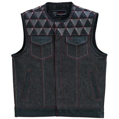 VB927RW Men's Denim & Leather Motorcycle Vest with Conceal Carry Pockets, SOA Biker Club Vest Red & White Stitching