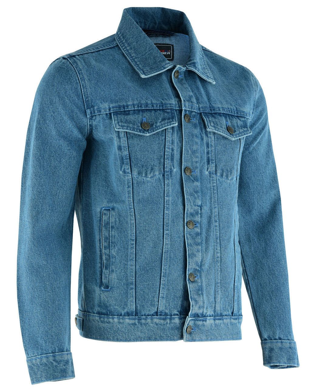 Vance Men's Light Blue Heavy Duty Denim Button Front Motorcycle Jacket, Jean Jacket for Men