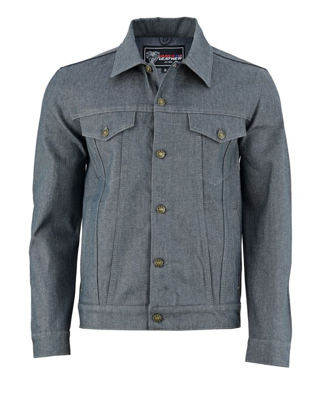 Vance Mens Grey Heavy Duty Denim Button Front Motorcycle Jacket, Jean Jacket for Men