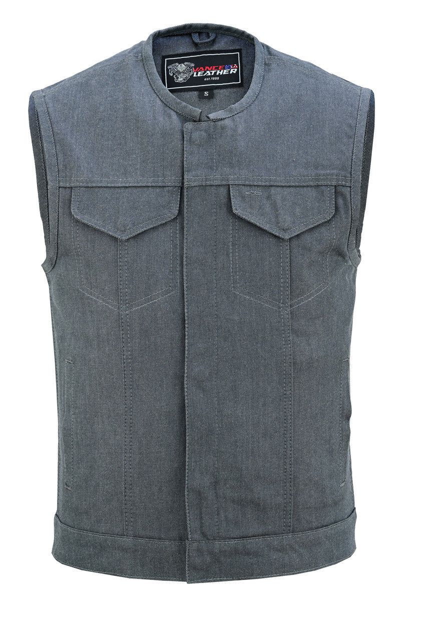 Men's Grey Denim Collarless Club Vest with Conceal Carry Pockets Men's Grey Denim Collarless Club Vest with Conceal Carry Pockets