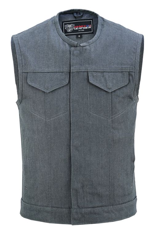 Men's Grey Denim Collarless Club Vest with Conceal Carry Pockets