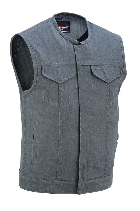 Men's Grey Denim Collarless Club Vest with Conceal Carry Pockets
