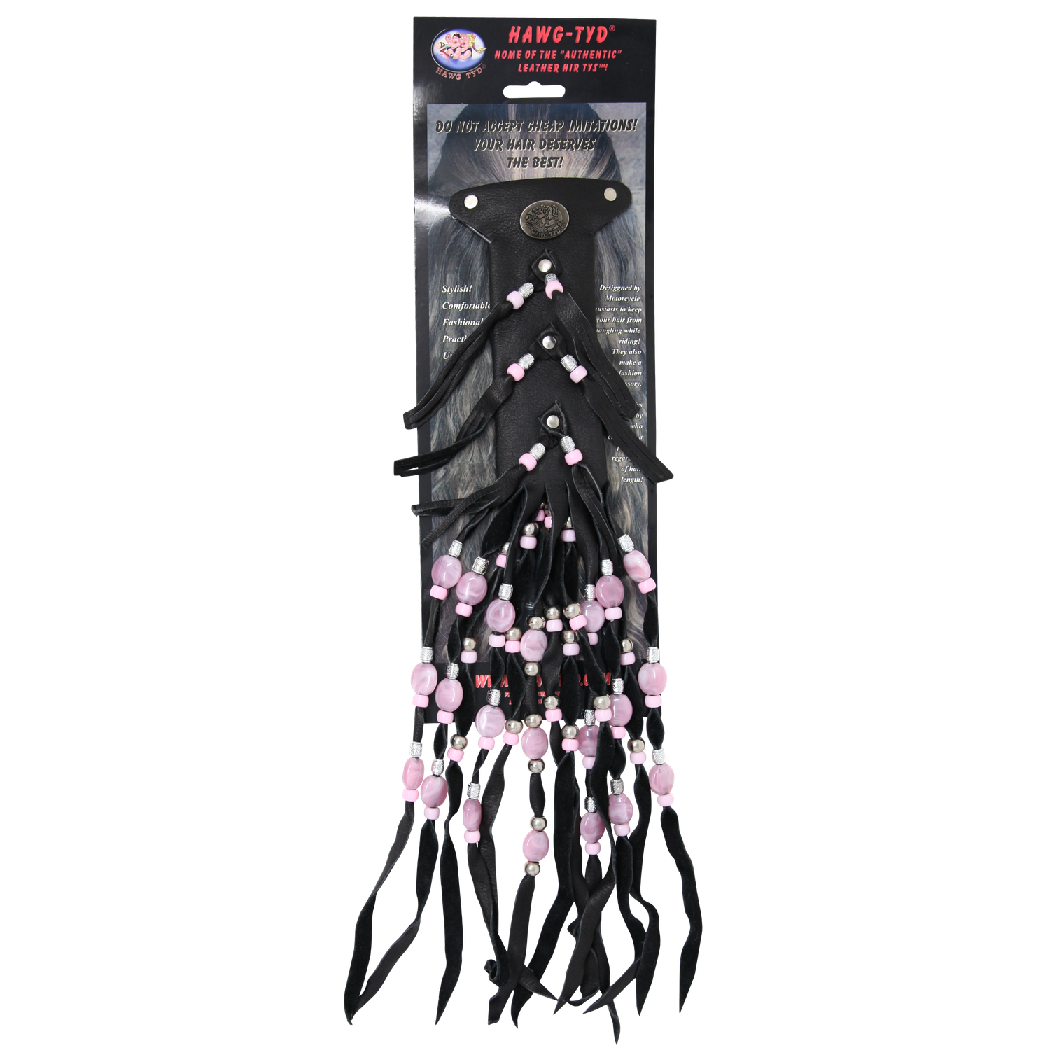 HTPink "Hawg Tyd" The Authentic Leather Hair TYS - Pink Beads