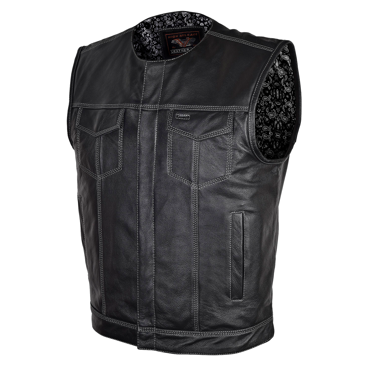 HMM919BP High Mileage Men's Zipper and Snap Closure Leather Club Vest Quick Access Gun Pocket w/Paisley Liner