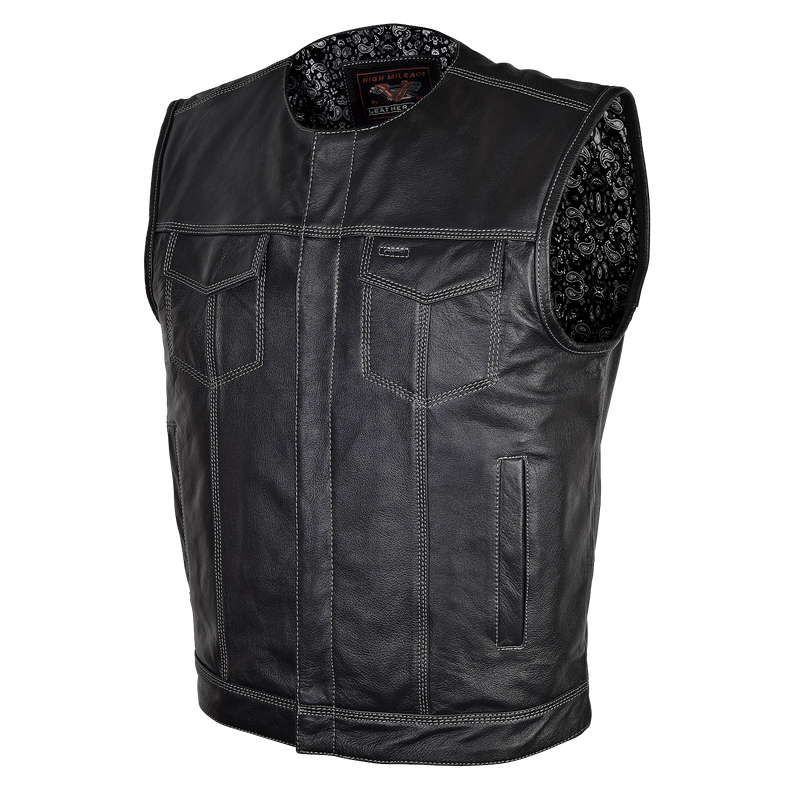 HMM919BP High Mileage Men's Zipper and Snap Closure Leather Club Vest Quick Access Gun Pocket w/Paisley Liner