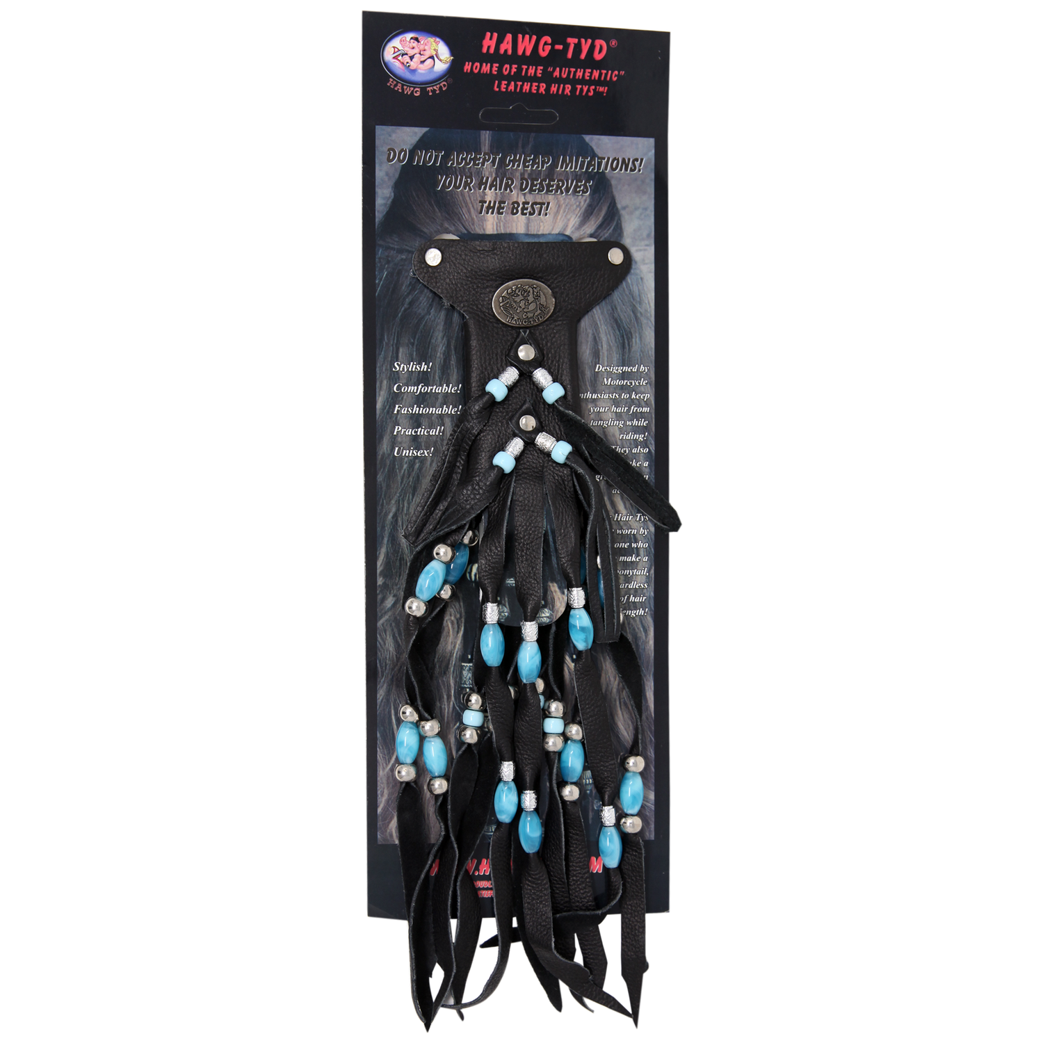 HTBlue "Hawg Tyd" The Authentic Leather Hair TYS - Blue Beads