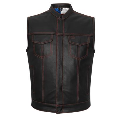 HMM924R High Mileage Men's Zipper and Snap Closure Leather Club Vest with American Flag Liner and Red Stitching HMM924R High Mileage Men's Zipper and Snap Closure Leather Club Vest with American Flag Liner and Red Stitching