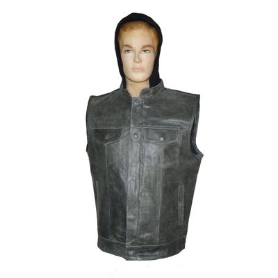 HMM914HDG Distressed Gray Motorcycle Club Leather Vest with Hood HMM914HDG Distressed Gray Motorcycle Club Leather Vest with Hood