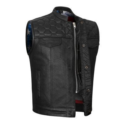 HMM914P High Mileage Men's Zipper and Snap Closure Leather Club Vest with padding Quick Access with American Flag Liner HMM914P High Mileage Men's Zipper and Snap Closure Leather Club Vest with padding Quick Access with American Flag Liner