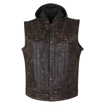HMM914HDB Vance Leather Distressed Brown Motorcycle Club Leather Vest with Hoodie HMM914HDB Vance Leather Distressed Brown Motorcycle Club Leather Vest with Hoodie