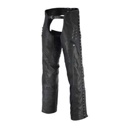 HML838 Ladies Lightweight Naked Goatskin Leather Chap with Grommeted Twill and Lace Highlights HML838 Ladies Lightweight Naked Goatskin Leather Chap with Grommeted Twill and Lace Highlights