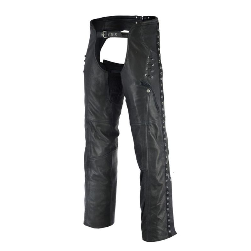 HML838 Ladies Lightweight Naked Goatskin Leather Chap with Grommeted Twill and Lace Highlights HML838 Ladies Lightweight Naked Goatskin Leather Chap with Grommeted Twill and Lace Highlights