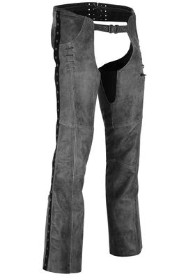 HML838DG Ladies Lightweight Distress Gray Leather Chap w/Grommeted Twill and Lace Highlights HML838DG Ladies Lightweight Distress Gray Leather Chap w/Grommeted Twill and Lace Highlights