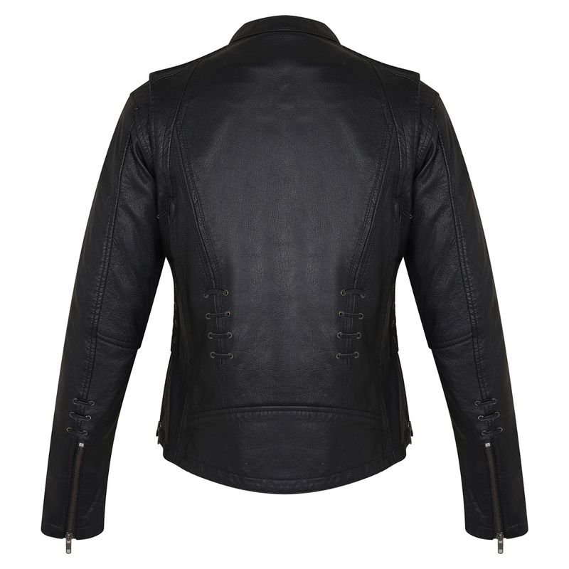 HML638B High Mileage Ladies Lightweight Black Goatskin Jacket w/ Grommeted Twill and Lace Highlights