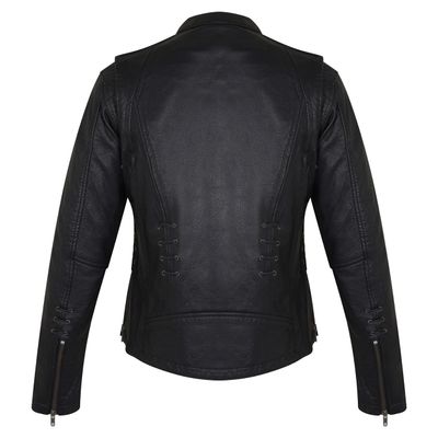 HML638B High Mileage Ladies Lightweight Black Goatskin Jacket w/ Grommeted Twill and Lace Highlights