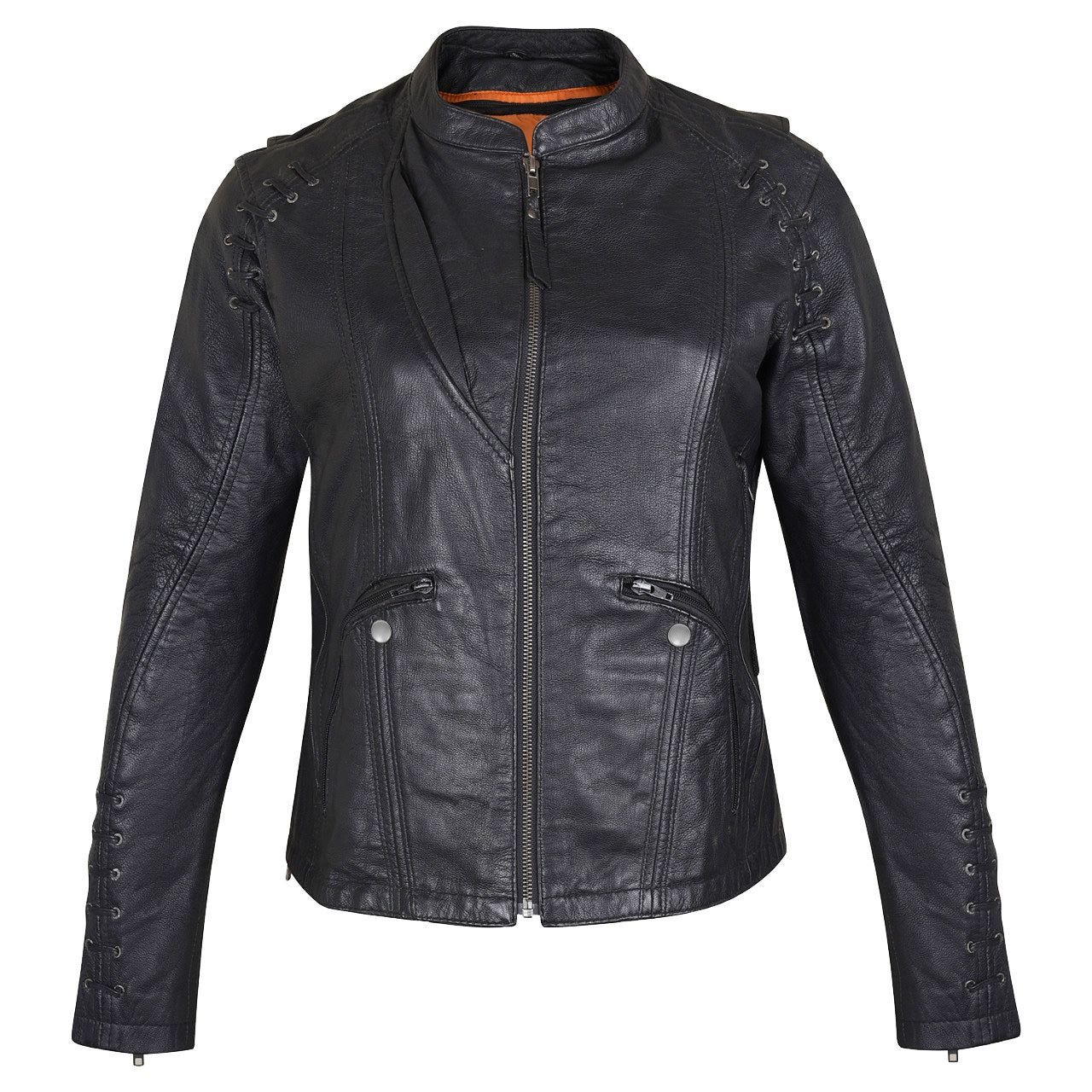 HML638B High Mileage Ladies Lightweight Black Goatskin Jacket w/ Grommeted Twill and Lace Highlights HML638B High Mileage Ladies Lightweight Black Goatskin Jacket w/ Grommeted Twill and Lace Highlights