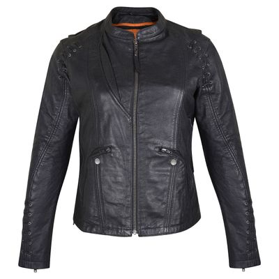 HML638B High Mileage Ladies Lightweight Black Goatskin Jacket w/ Grommeted Twill and Lace Highlights HML638B High Mileage Ladies Lightweight Black Goatskin Jacket w/ Grommeted Twill and Lace Highlights