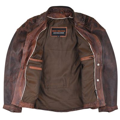 HML621VB High Mileage Ladies Vintage Brown Leather Jacket with Diamond Stitched Shoulders
