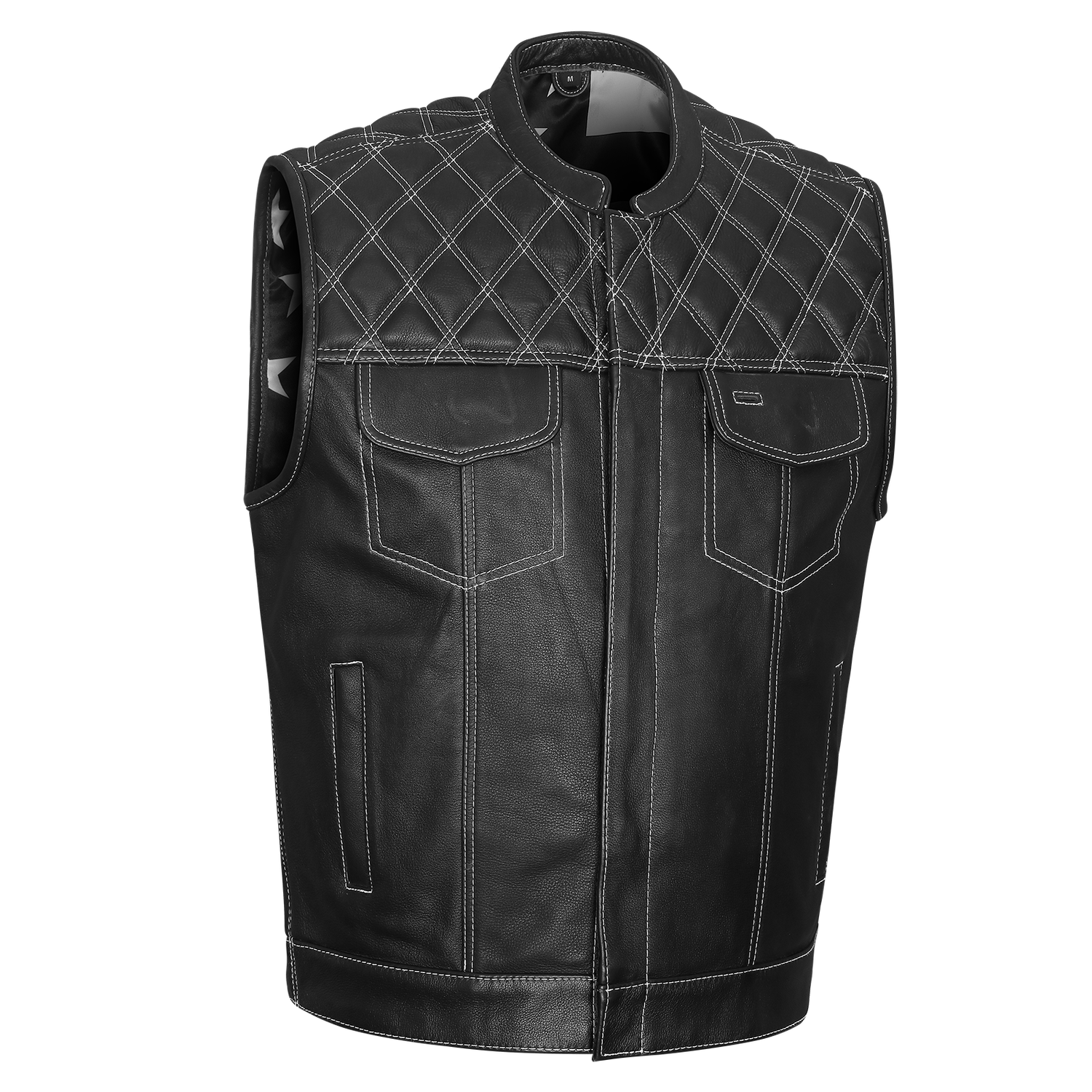 High Mileage HMM924BW Men's Zipper and Snap Closure Leather Club Vest with American Flag Liner White Stitching