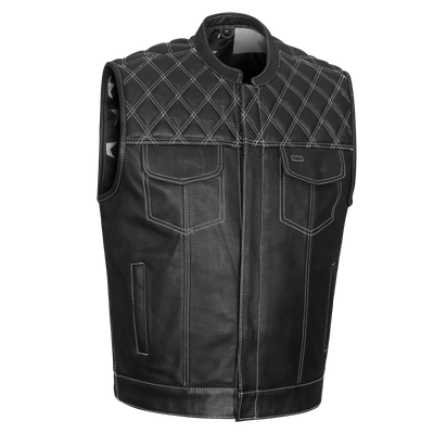 High Mileage HMM924BW Men's Zipper and Snap Closure Leather Club Vest with American Flag Liner White Stitching High Mileage HMM924BW Men's Zipper and Snap Closure Leather Club Vest with American Flag Liner White Stitching