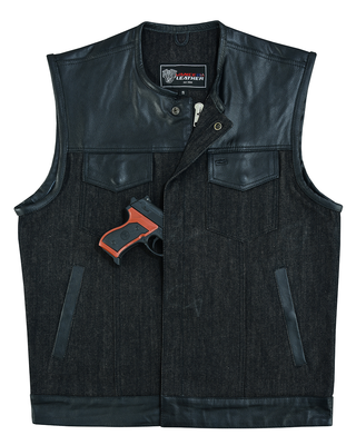 VB913BK Men's Collarless Black Denim & Leather Vest VB913BK Men's Collarless Black Denim & Leather Vest