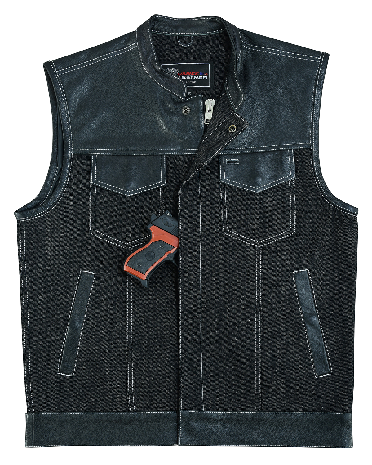 VB912BK Men's Denim & Leather Vest with White Stitching