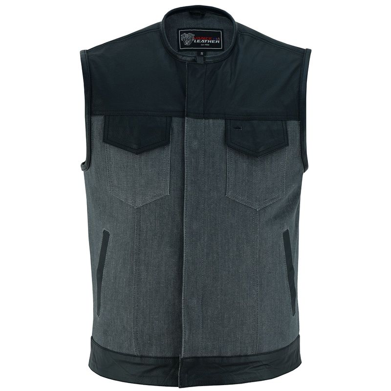 VB910G Vance Leathers Men's Grey Denim & Leather Motorcycle Vest with CCW Pockets