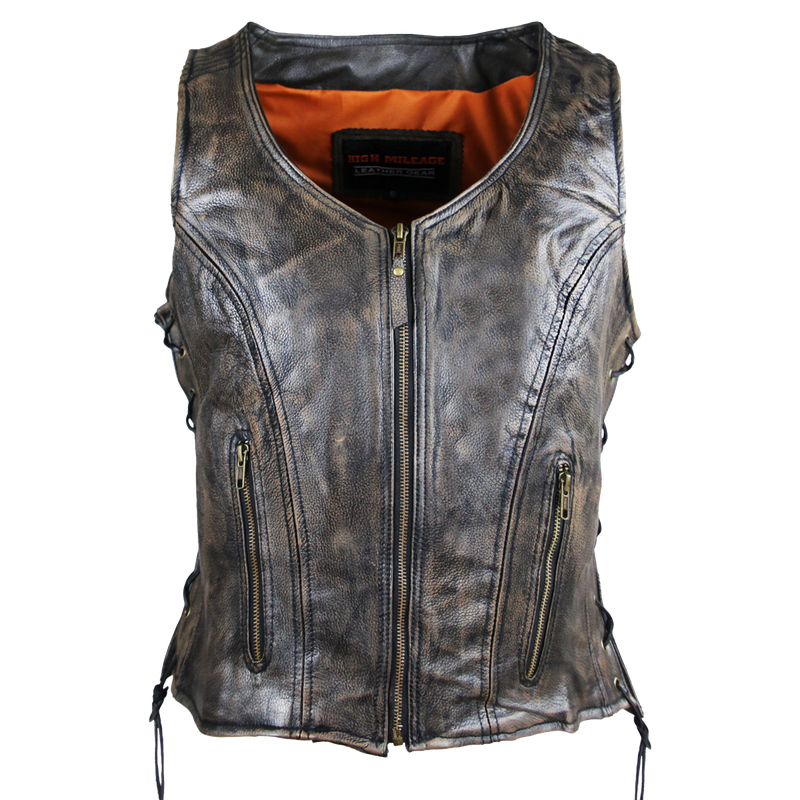 HML1029DB Vance Leather High Mileage Ladies Distressed Brown Lace Side Vest