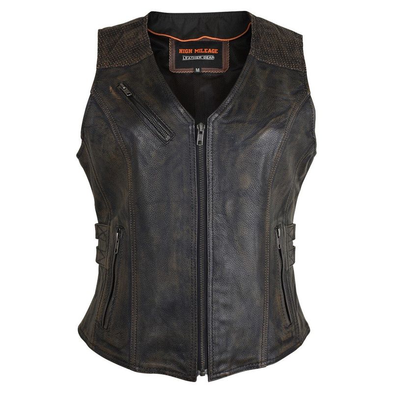 HML1037DB Ladies Distressed Brown Vest with Buckles