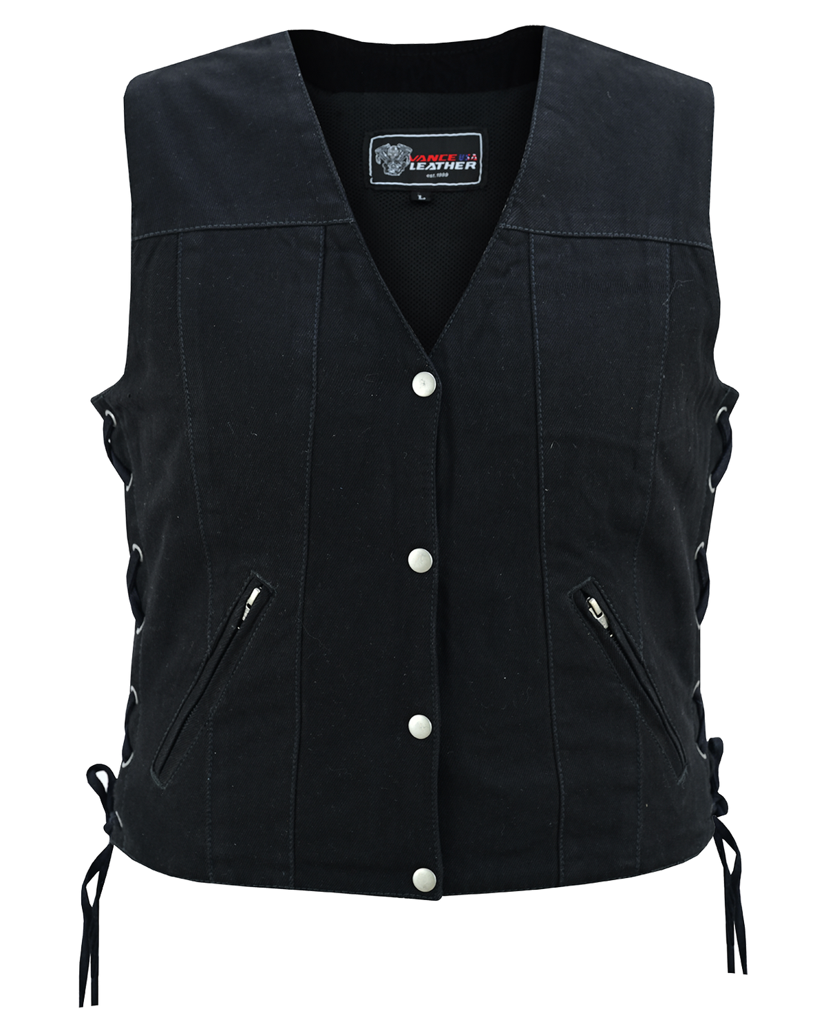 VB1045BK Women's Black Denim V Neck Vest with Snap opening & side laces, Color: black, Size: s