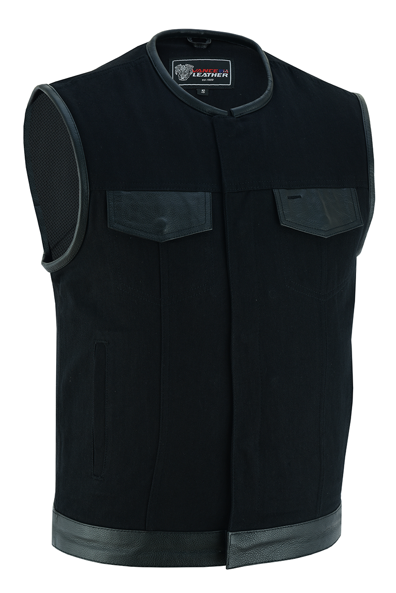 VB919L Denim Black Collarless Club Vest with Leather trims VB919L Denim Black Collarless Club Vest with Leather trims, Color: black, Size: m