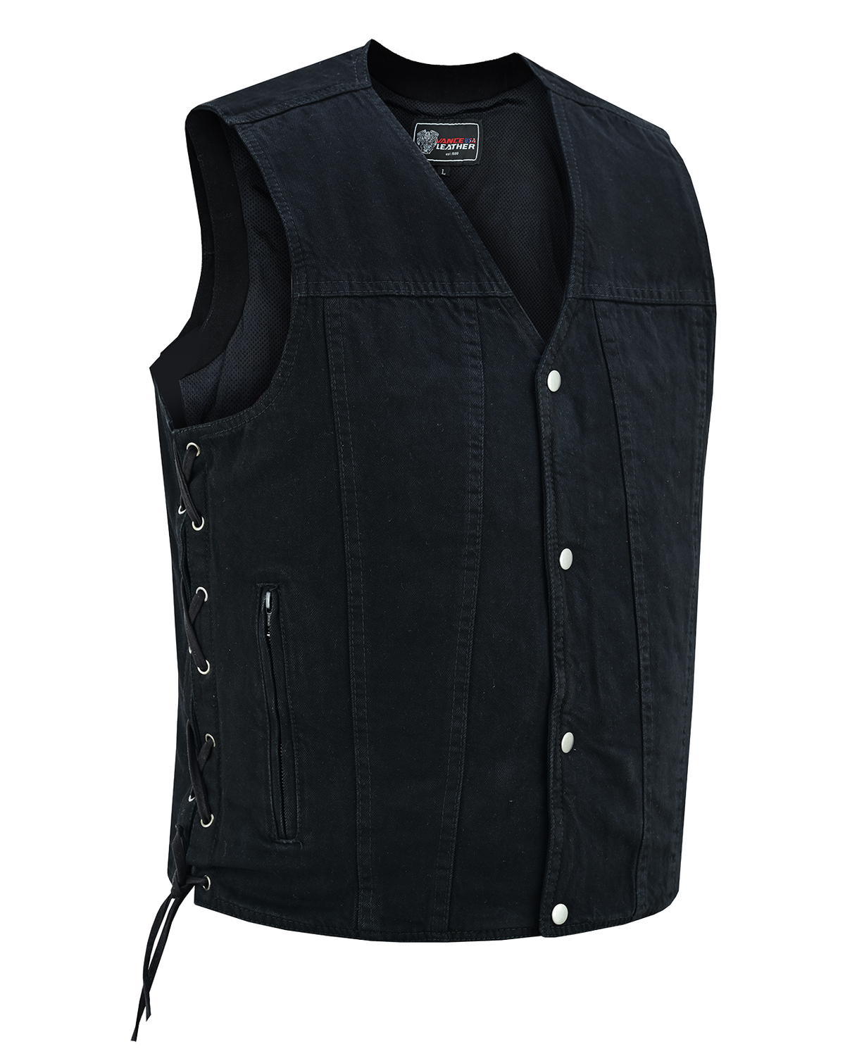 VB939BK Men's Black V-Neck Denim Vest for Motorcycle Riders, Color: black, Size: s