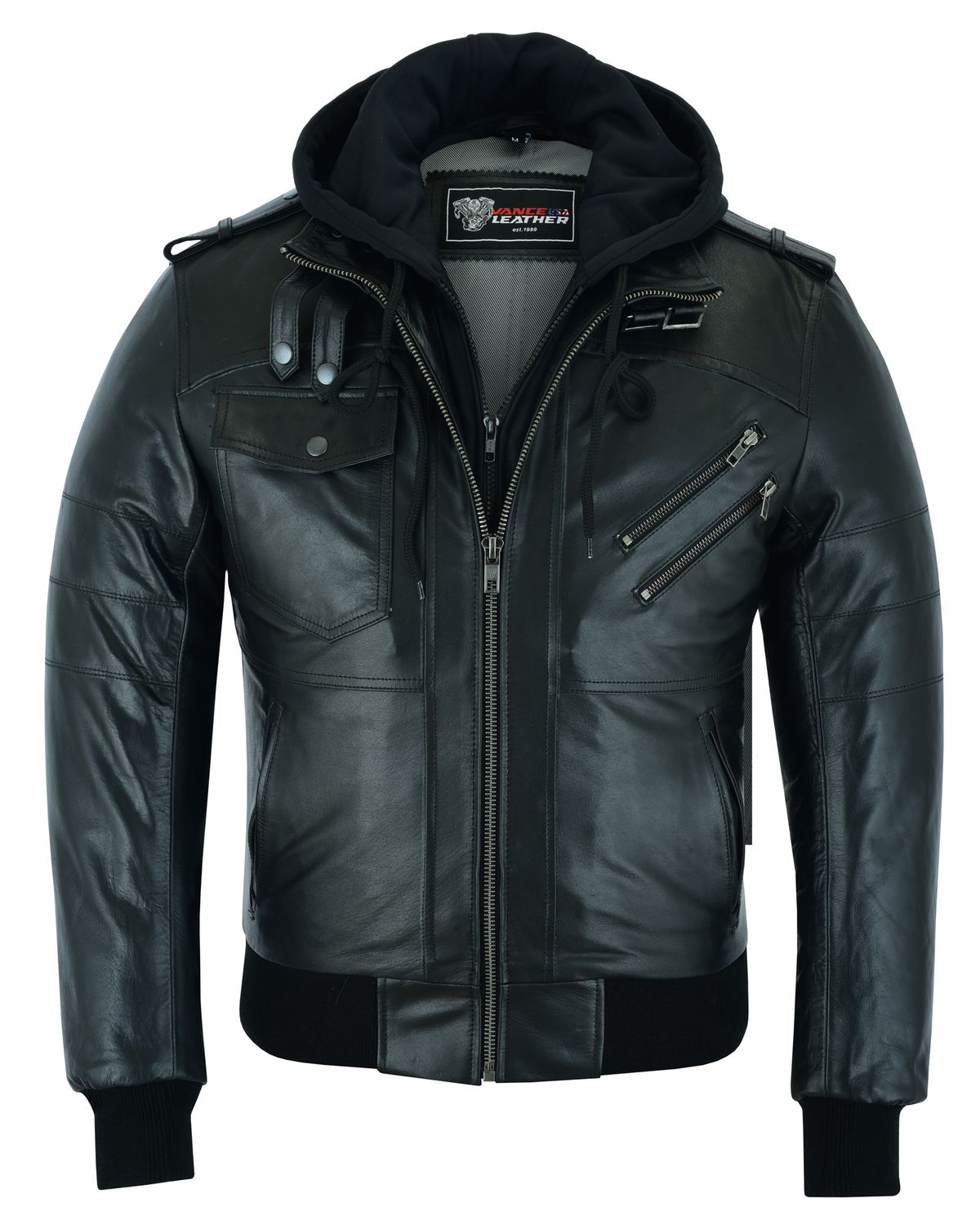 VL551B Vance Leathers' Men's Sven Bomber Black Waxed Premium Cowhide Motorcycle Leather Jacket with Removeable Hood, Size: medium, Color: black