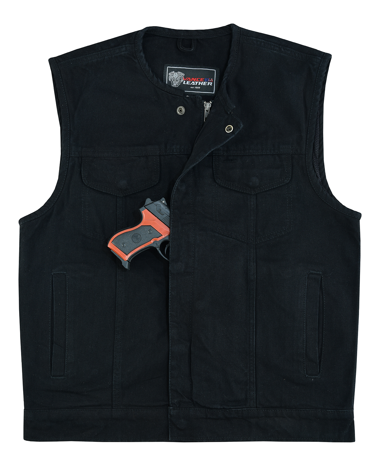 VB919BK Men's Black Denim Collarless Vest, Color: black, Size: s