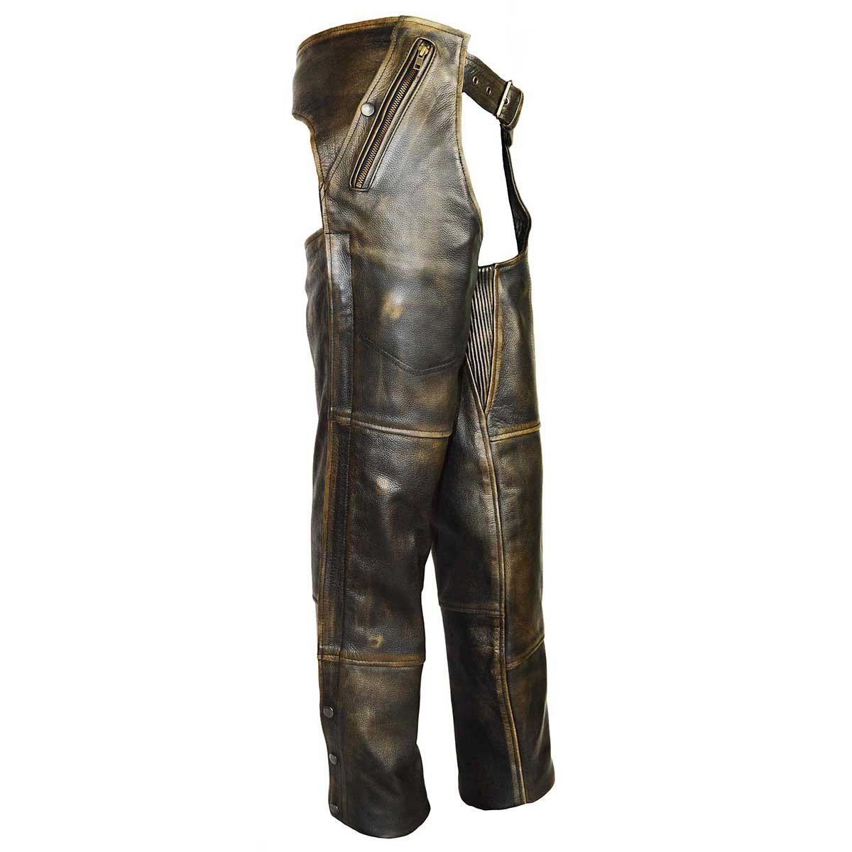 HM811DB Vance Leather High Mileage Distressed Brown Leather Chap with Removable Liner, Size: xs