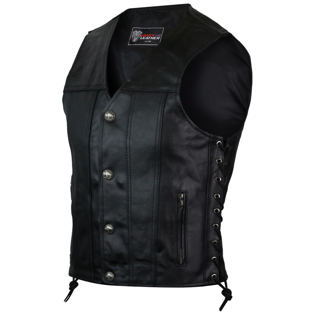 Vance VL939S Mens Black Straight Bottom Leather Motorcycle Vest, Size: s