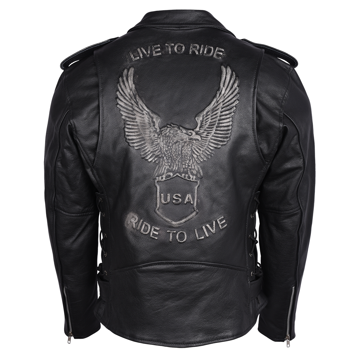 HMM525 Men's Eagle Embossed Live To Ride - Ride To Live Classic Black Leather Motorcycle Biker Jacket, Size: medium, Color: silver