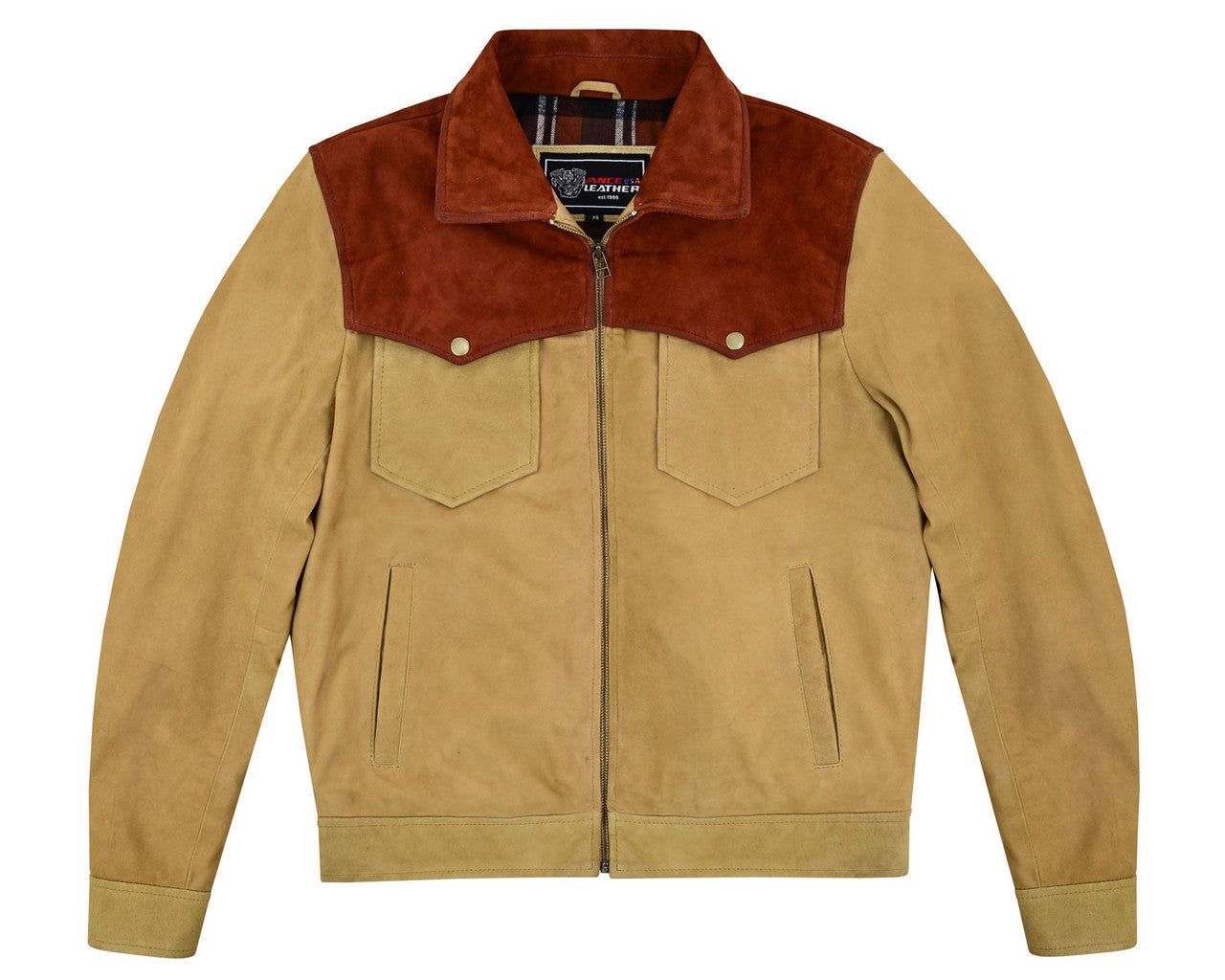 Men's Western Goat Suede Trucker Two-Tone Leather Jacket Men's Western Goat Suede Trucker Two-Tone Leather Jacket, Size: xs