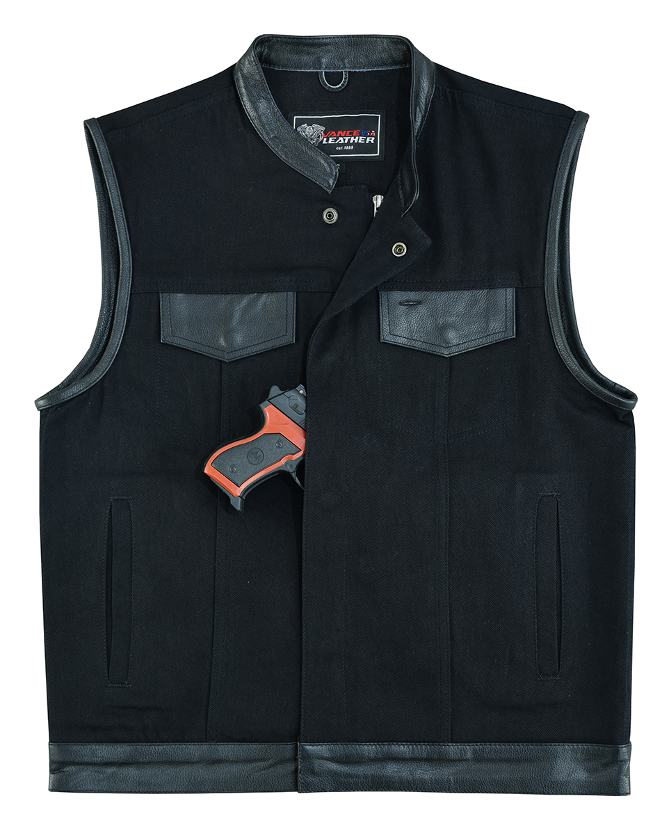 VB914L Denim Black Club Vest with Leather trims, Color: black, Size: m