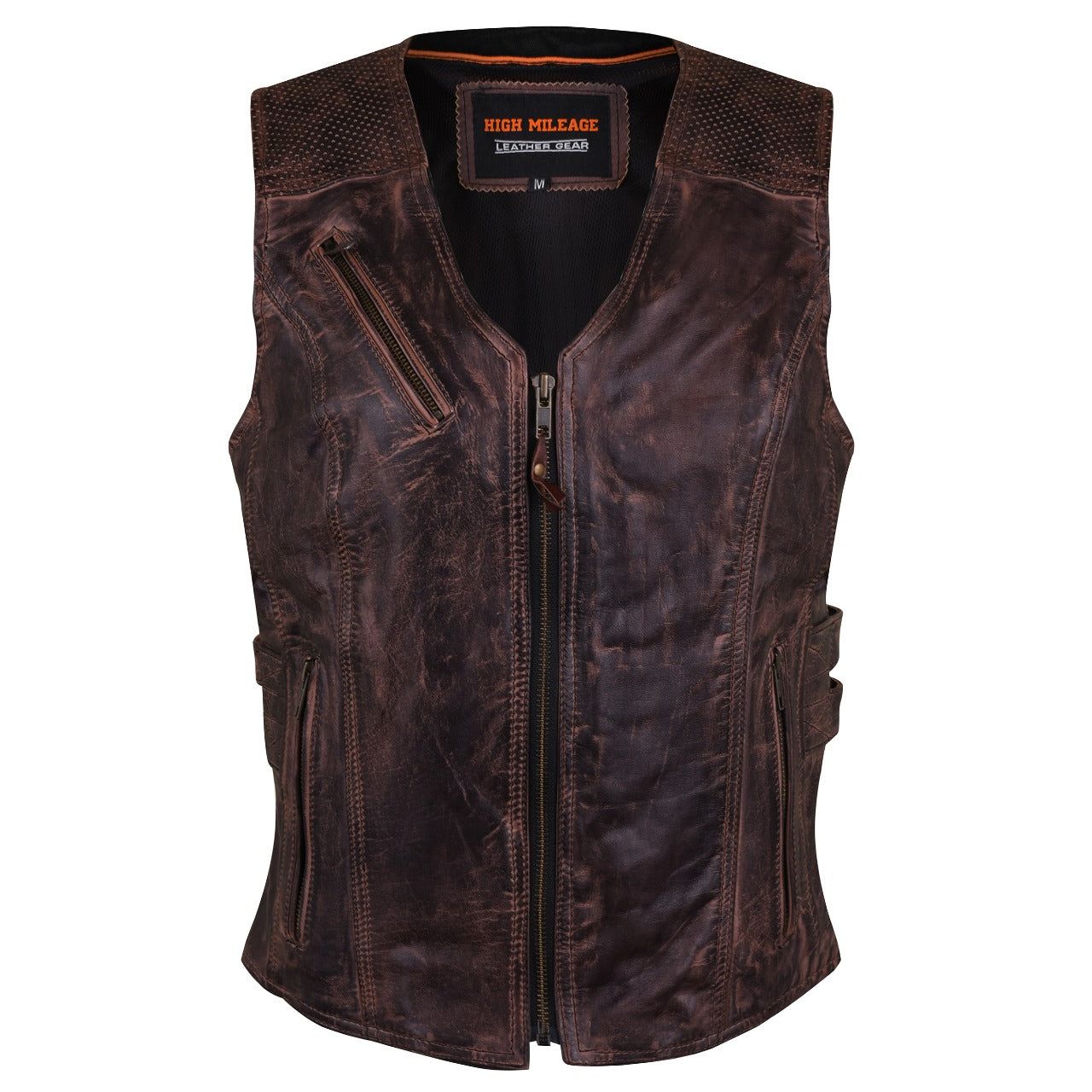 HML1037VB Ladies Vintage Brown Premium Leather Concealed Carry Motorcycle Vest, Size: xs