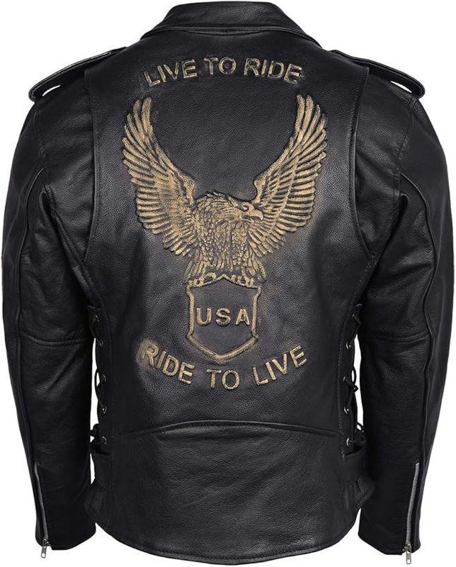 HMM525 Men's Eagle Embossed Live To Ride - Ride To Live Classic Black Leather Motorcycle Biker Jacket