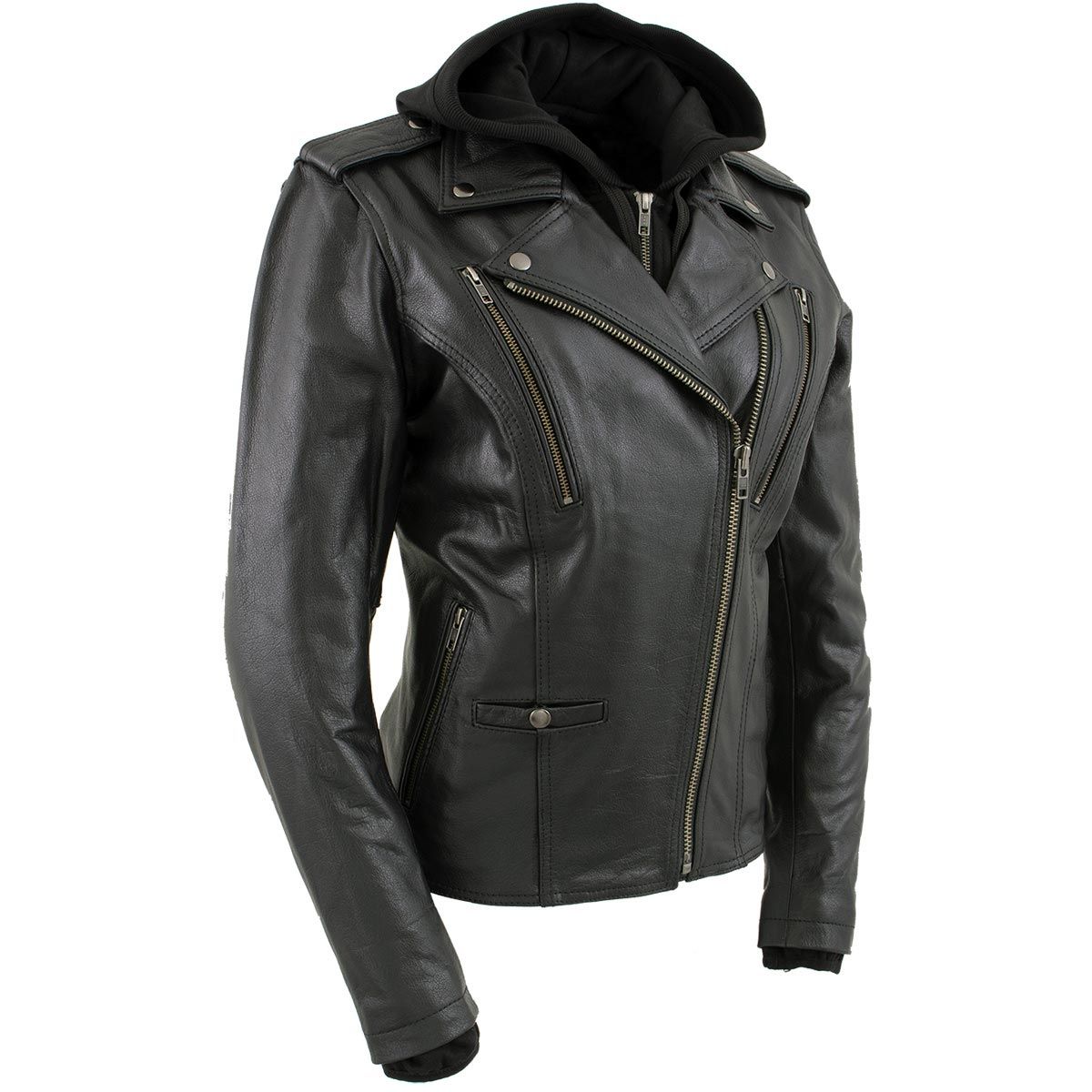 Milwaukee Leather LKL2739 Women's Black Premium Leather Vented Motorcycle Biker Jacket w/ Hoodie Milwaukee Leather LKL2739 Women's Black Premium Leather Vented Motorcycle Biker Jacket w/ Hoodie