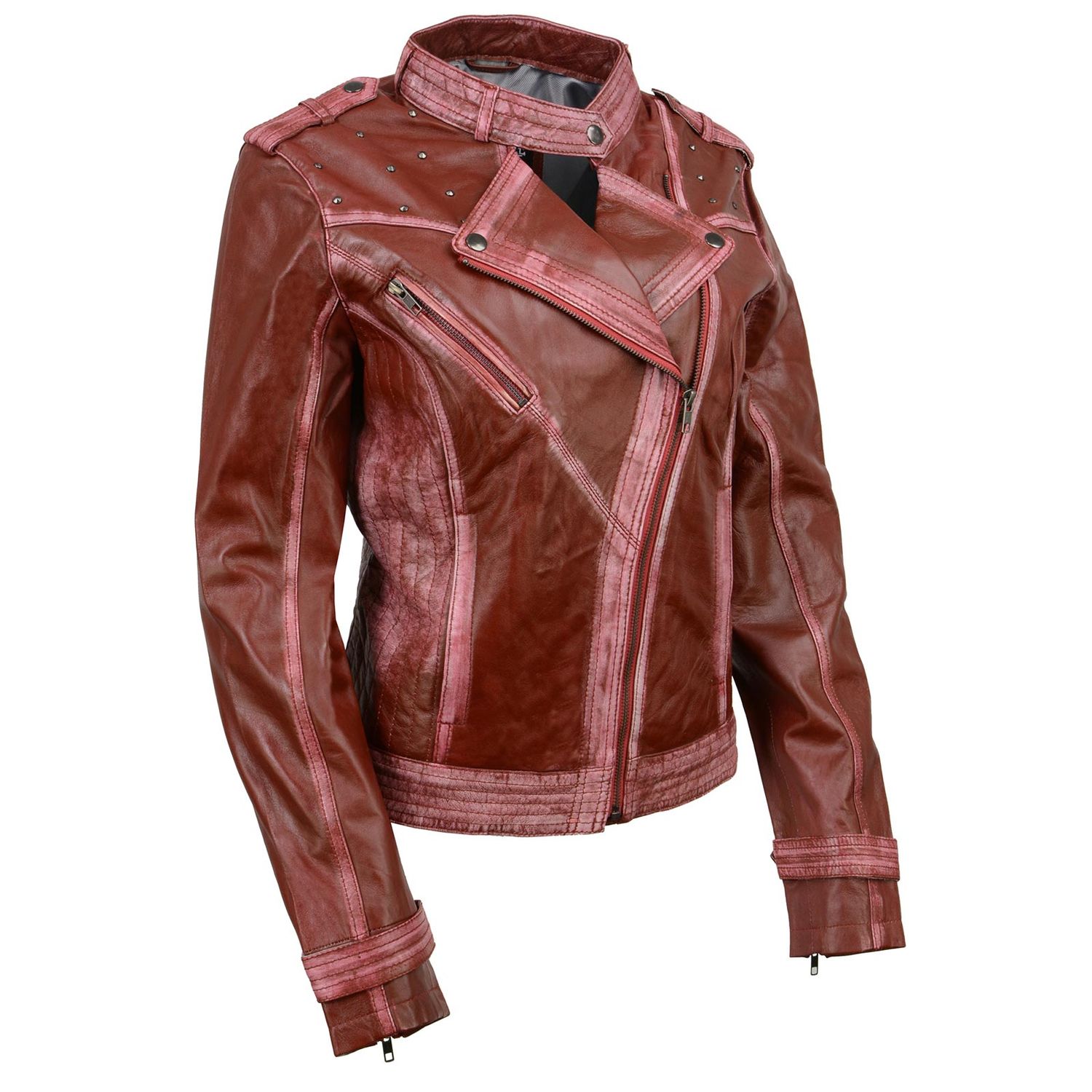 Milwaukee Leather SFL2840 Women's Maiden Maroon Premium Sheepskin Motorcycle Fashion Leather Jacket with Studs Milwaukee Leather SFL2840 Women's Maiden Maroon Premium Sheepskin Motorcycle Fashion Leather Jacket with Studs