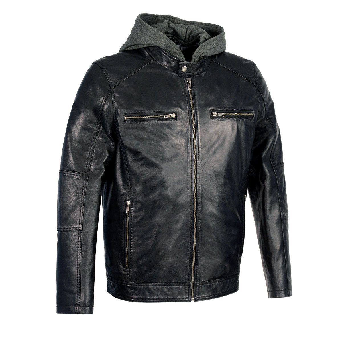 Milwaukee Leather SFM1850 Men's Black Snap Collar Motorcycle Style Fashion Casual Leather Jacket with Removable Hoodie Milwaukee Leather SFM1850 Men's Black Snap Collar Motorcycle Style Fashion Casual Leather Jacket with Removable Hoodie