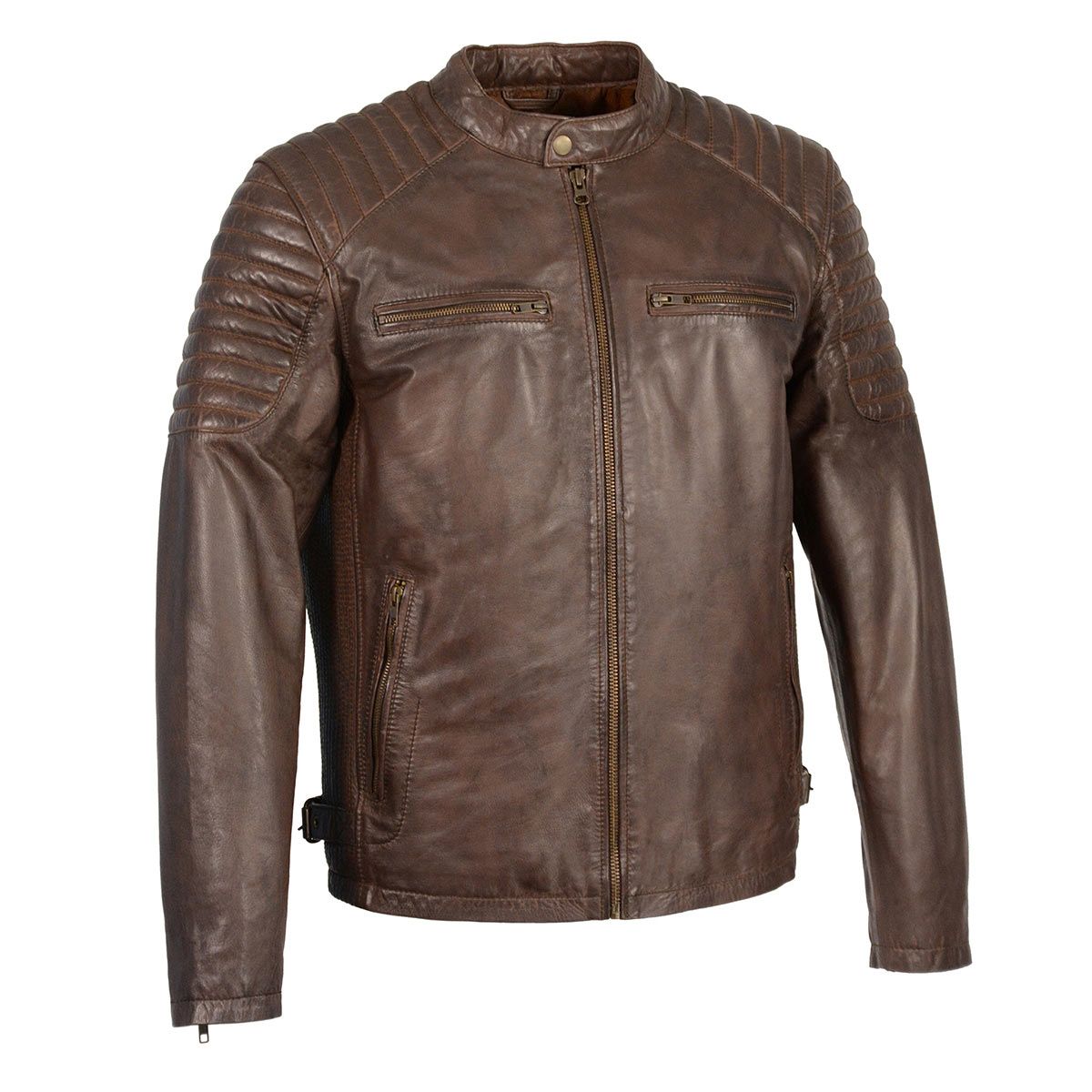 Milwaukee Leather SFM1840 Men's 'Quilted' Brown Leather Fashion Jacket with Snap Button Collar Milwaukee Leather SFM1840 Men's 'Quilted' Brown Leather Fashion Jacket with Snap Button Collar